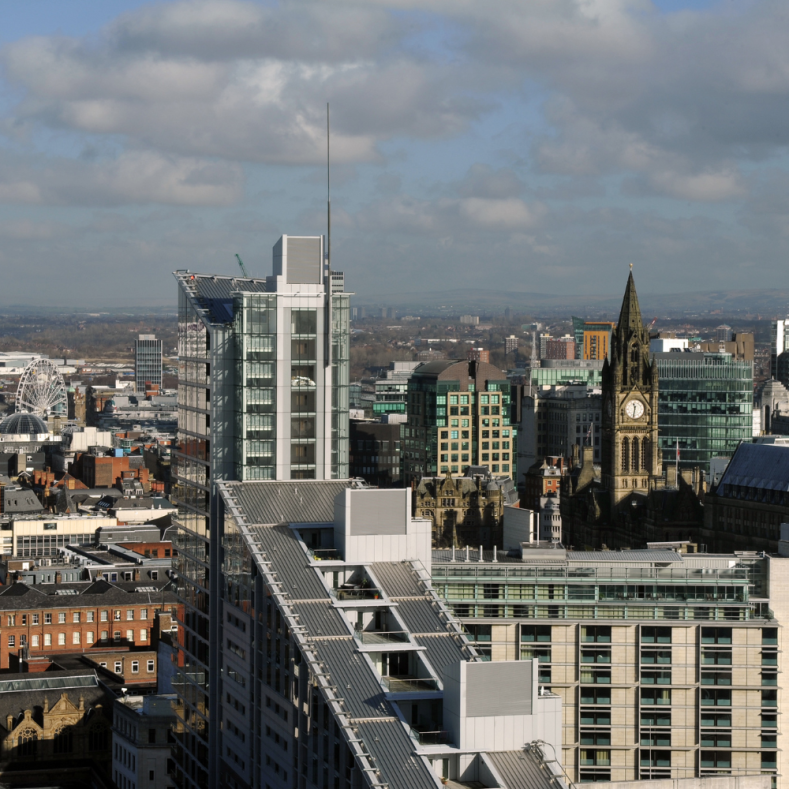 view of Manchester skyline with cloudy sky