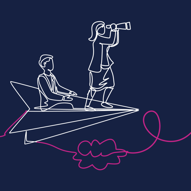 Two People Flying on a Paper Airlplane