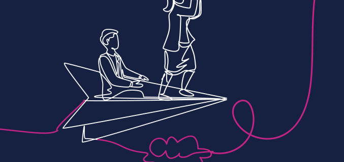 Two People Flying on a Paper Airlplane