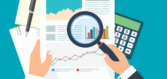 Man searches with magnifying glass on an analysis overview