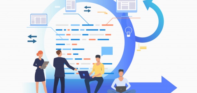 People in front of an overview with data